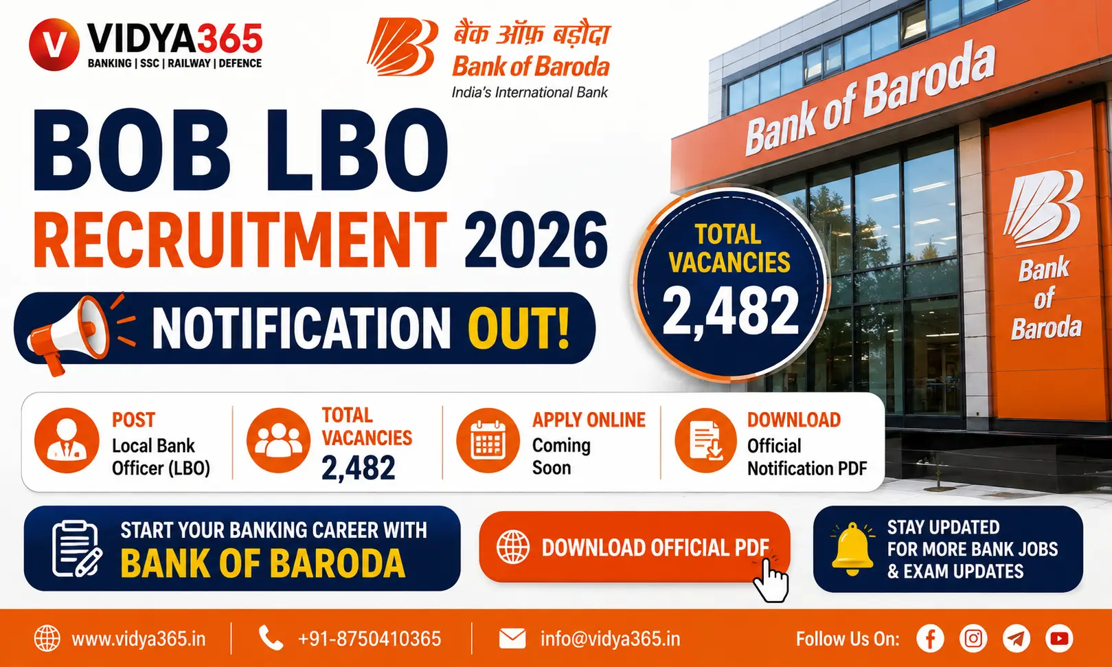 BOB LBO Recruitment 2026 notification guide for 2482 vacancies by Vidya365