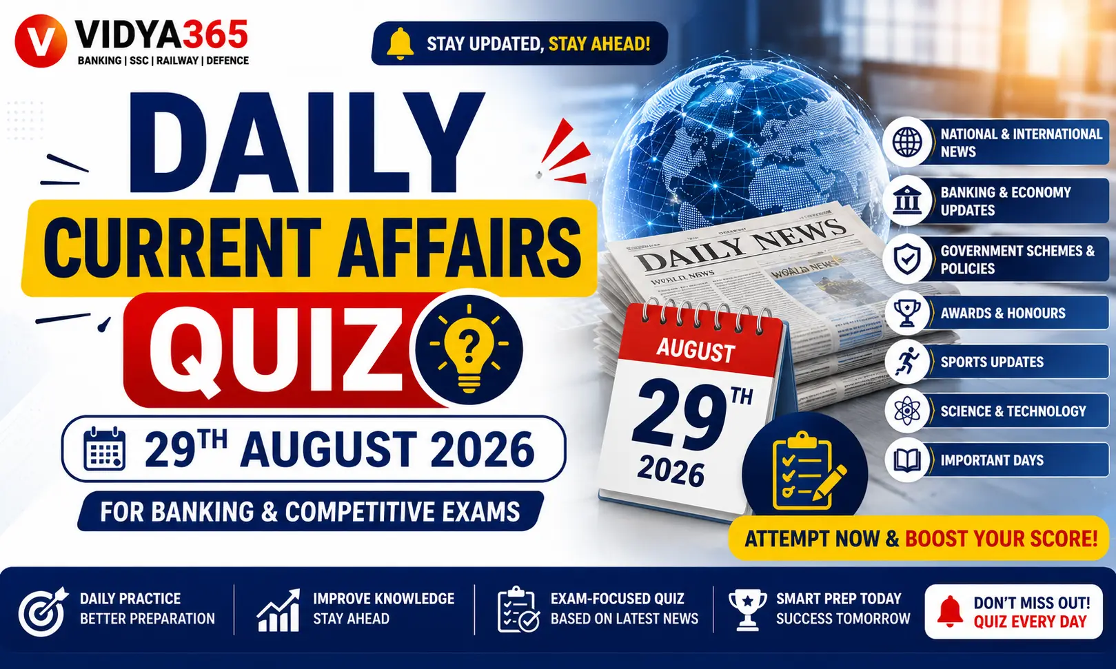 Daily Current Affairs Quiz 29th August 2026 questions and solutions by Vidya365