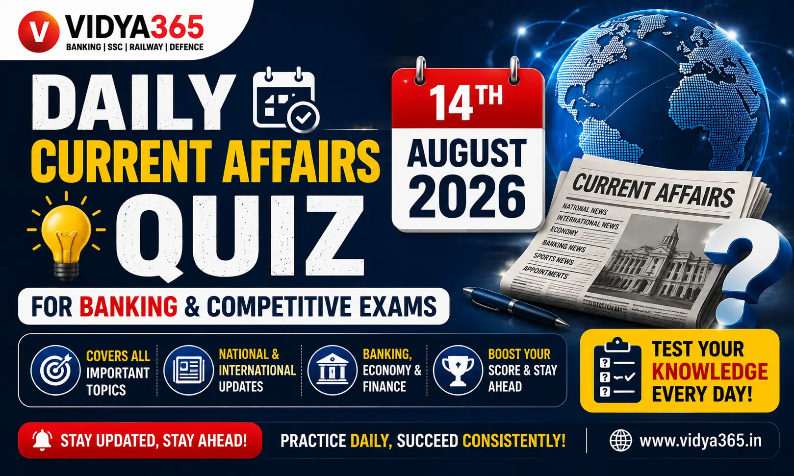 Daily Current Affairs Quiz 14th August 2026 questions and solutions guide by Vidya365