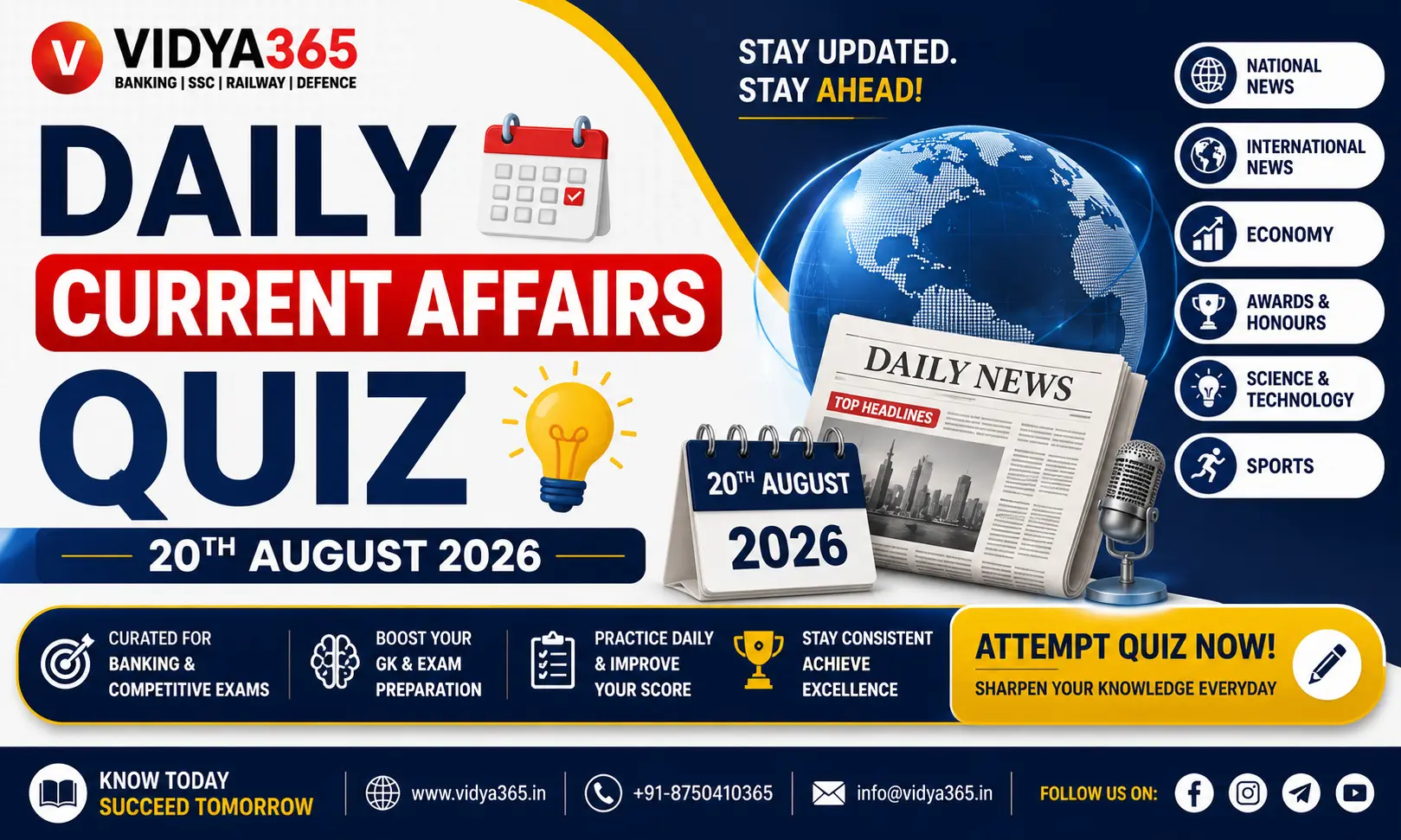 Daily Current Affairs Quiz 20th August 2026 practice questions and solutions by Vidya365