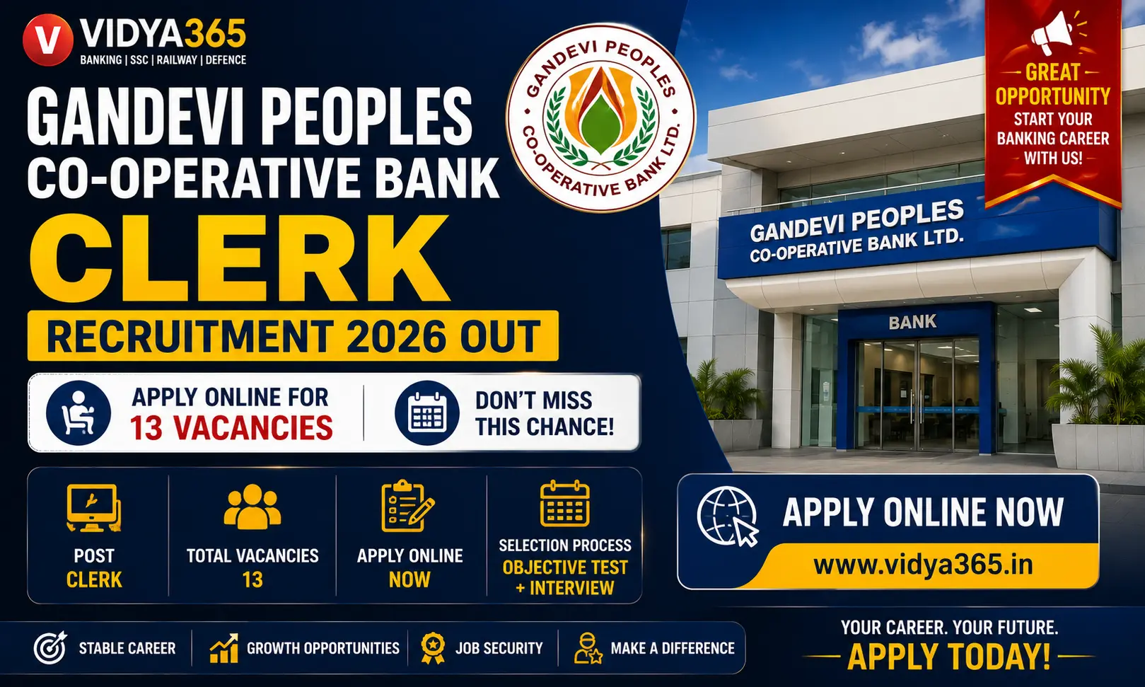 Gandevi Peoples Co-operative Bank Clerk Recruitment 2026 guide for 13 vacancies by Vidya365