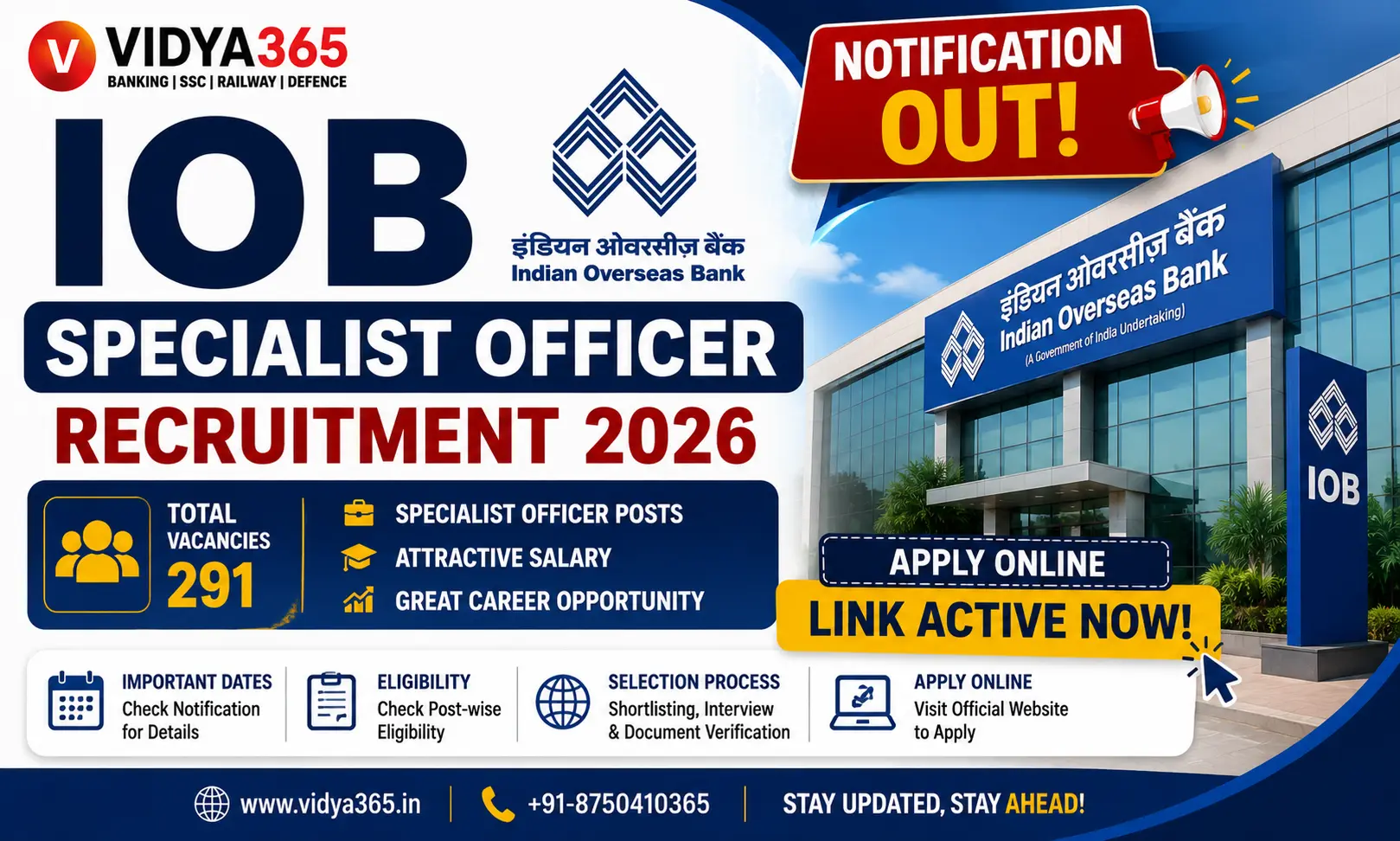 IOB Specialist Officer Recruitment 2026 notification for 291 posts breakdown by Vidya365