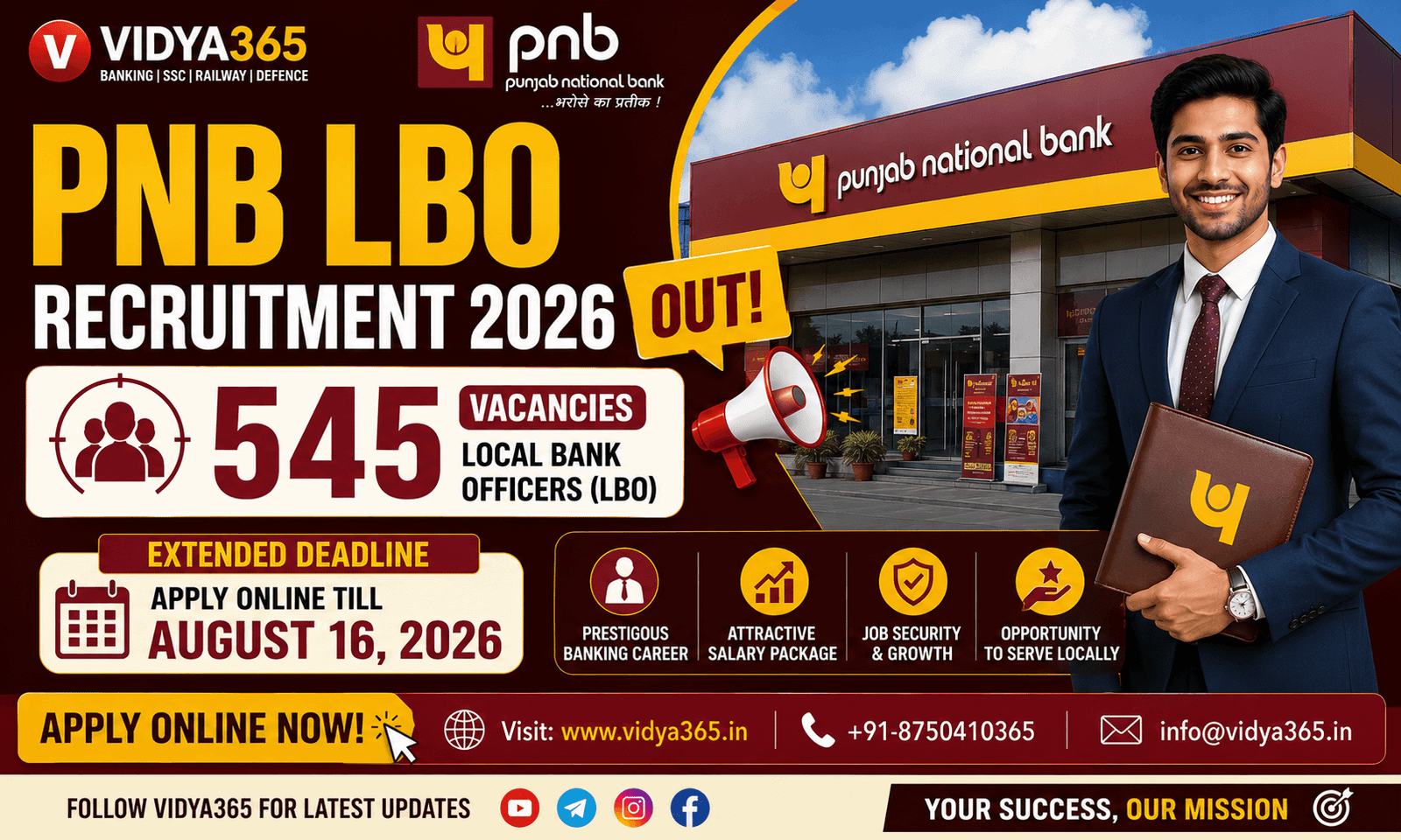 PNB LBO Recruitment 2026 notification for 545 Local Bank Officer posts guide by Vidya365