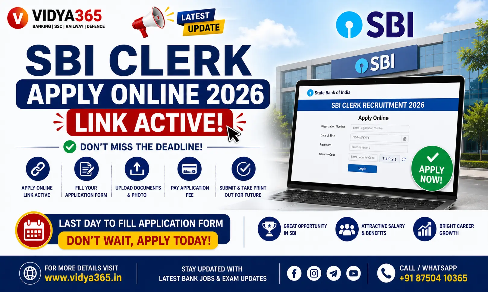 SBI Clerk Apply Online 2026 application process and last date guide by Vidya365