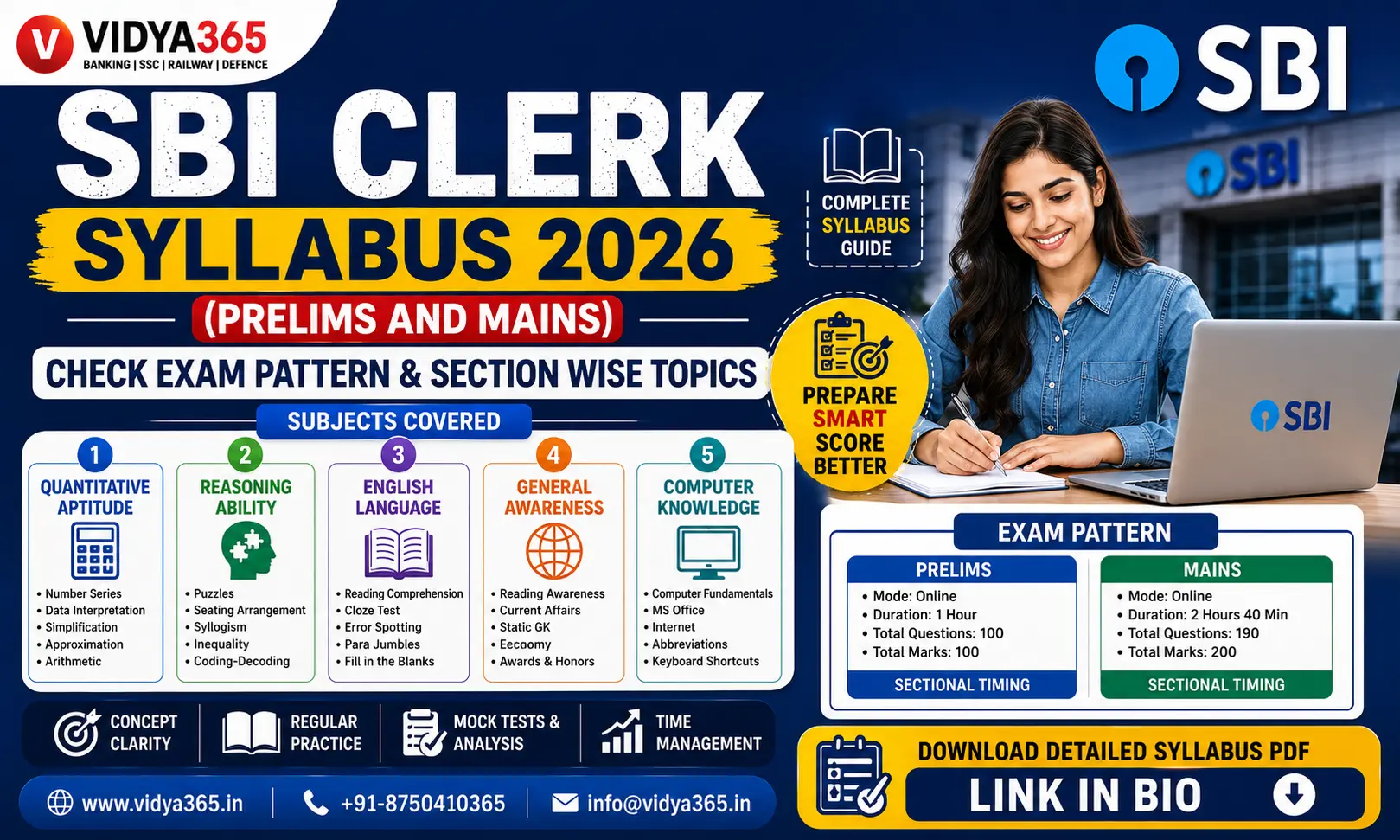 SBI Clerk Syllabus 2026 stage wise topics and exam pattern guide by Vidya365