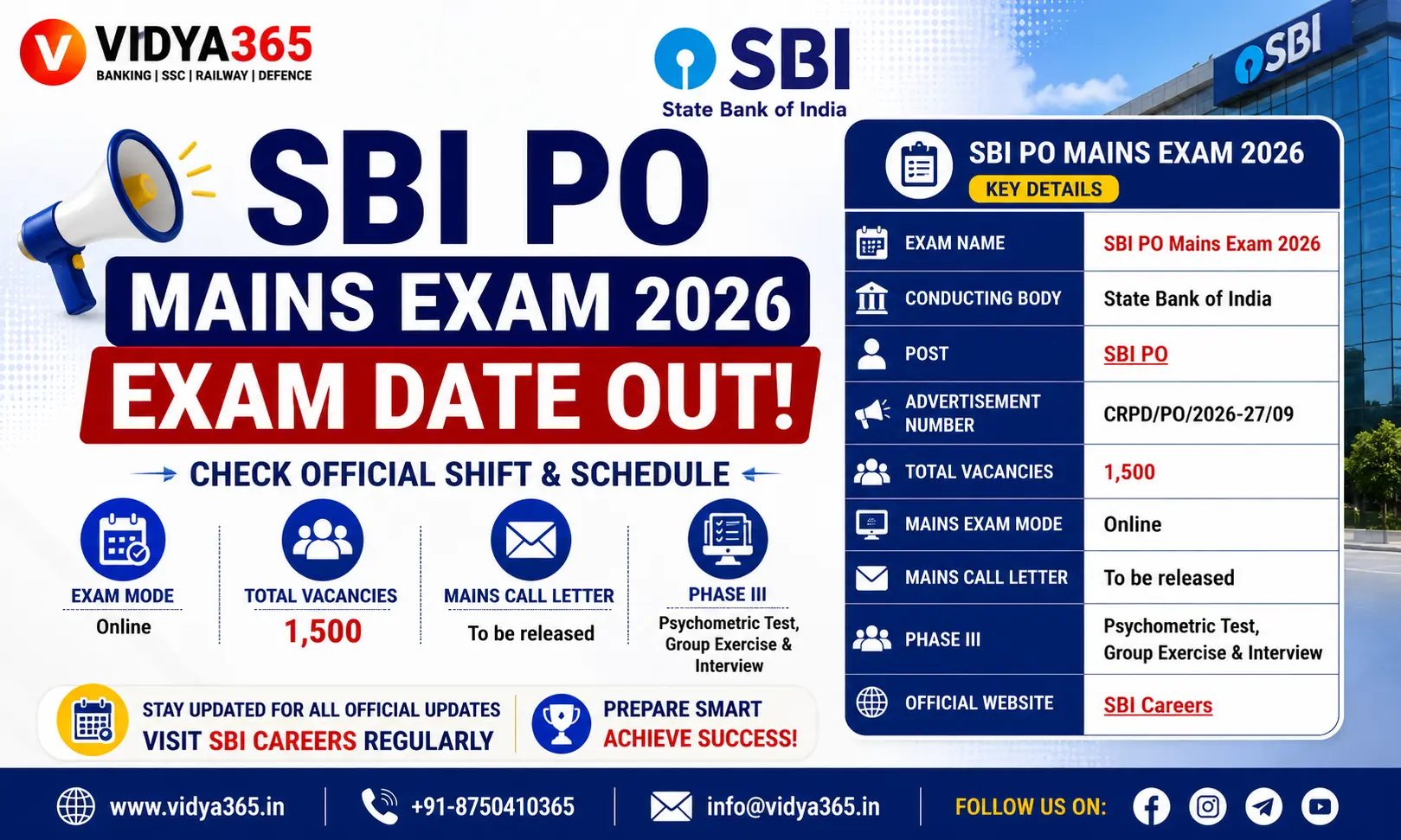 SBI PO Mains Exam Date 2026 official shift and schedule guide by Vidya365