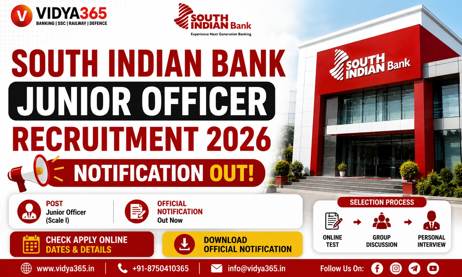 South Indian Bank Junior Officer Recruitment 2026 notification guide by Vidya365