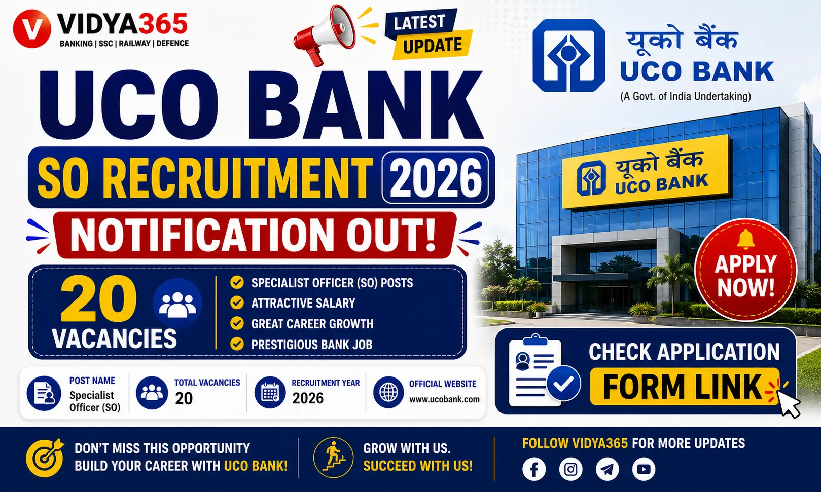 UCO Bank SO Recruitment 2026 notification for 20 vacancies breakdown by Vidya365