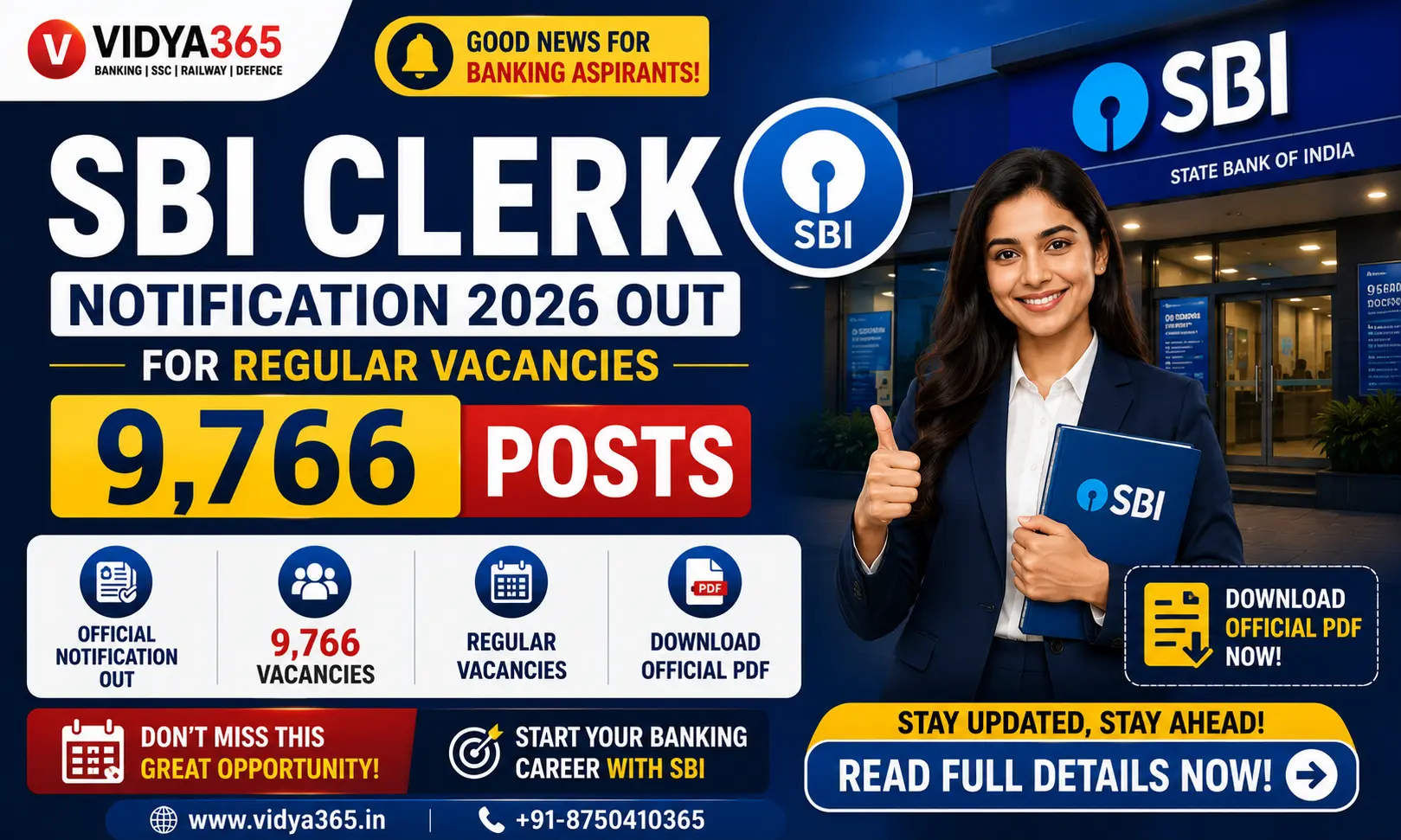 Text: SBI Clerk Notification 2026 guide for 9,766 regular vacancies by Vidya365
