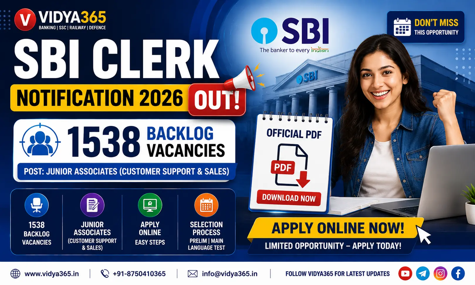 SBI Clerk Notification 2026 out for 1538 Junior Associate backlog vacancies guide by Vidya365