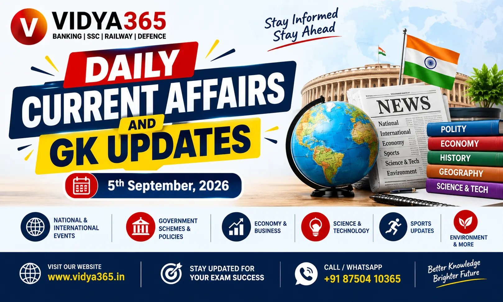 Daily Current Affairs and GK Updates 5th September 2026 news roundup and quiz by Vidya365