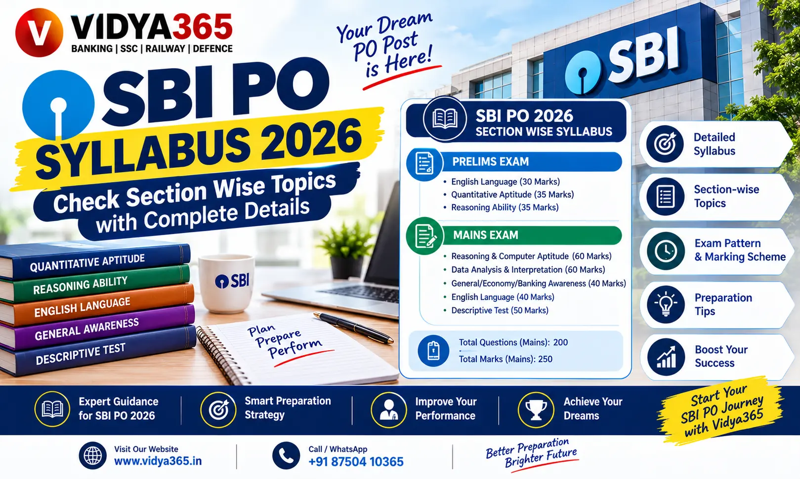 SBI PO Syllabus 2026 section-wise topics and exam pattern breakdown by Vidya365