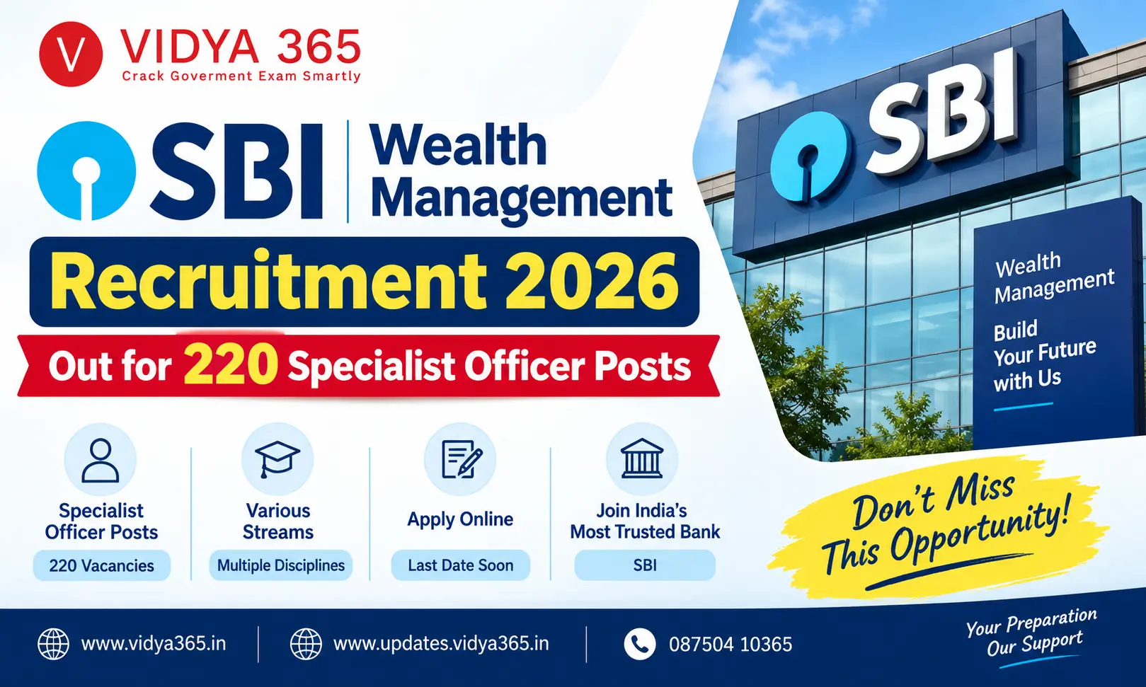 SBI Wealth Management Recruitment 2026 notification for 220 Specialist Officer posts breakdown by Vidya365