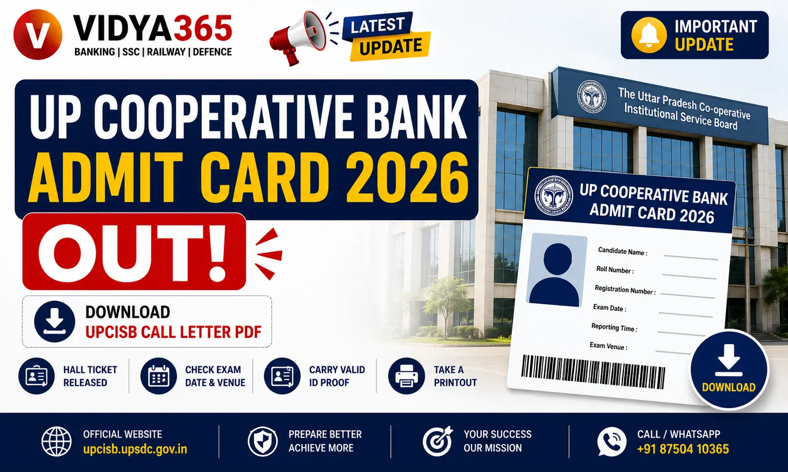 UP Cooperative Bank UPCISB Admit Card 2026 call letter download guide by Vidya365
